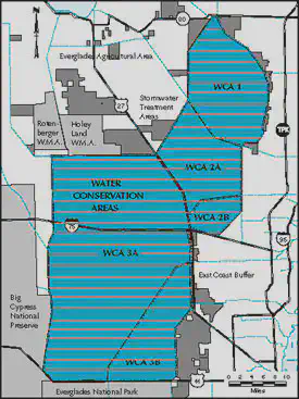 Map of the three water conservation areas. WCA1 to in the north east corner, WCA2 to the south and slightly west of WCA1, and WCA3 west of WCA2 and extending far to the south. WCA3 is much larger than the other two WCAs. All WCAs share boundaries with their neighboring WCA
